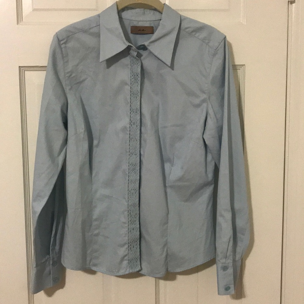 Light blue button up shirt with lace detail